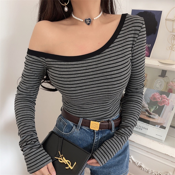 Asymmetrical Off-Shoulder Striped Slim-Fit Long Sleeve T-Shirt - Custom-Made Autumn/Winter 2024 Sexy Layering Top