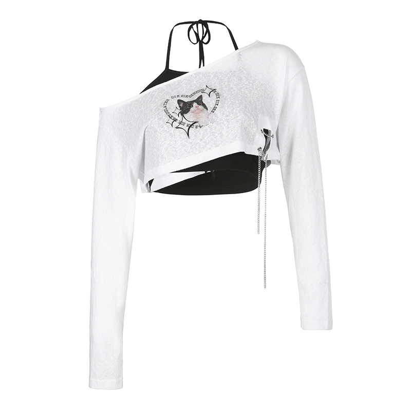 Asymmetrical Shoulder Cat Print T-Shirt and Black Halter Neck Tank Top Layered Two-Piece Set for Women - Trendy Y2K Style