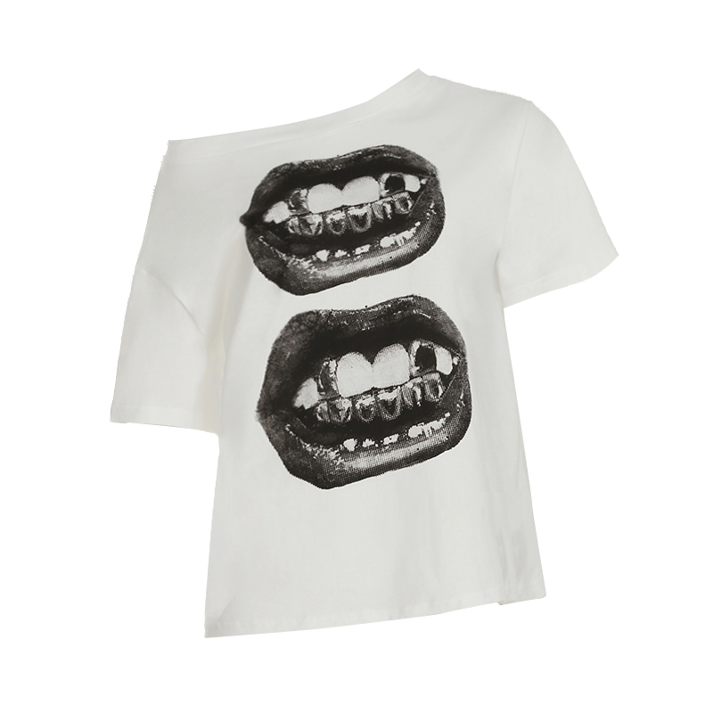 Asymmetrical Shoulder Short Sleeve T-Shirt for Women - Street Hip-Hop Mouth Print Casual Loose Dance Top