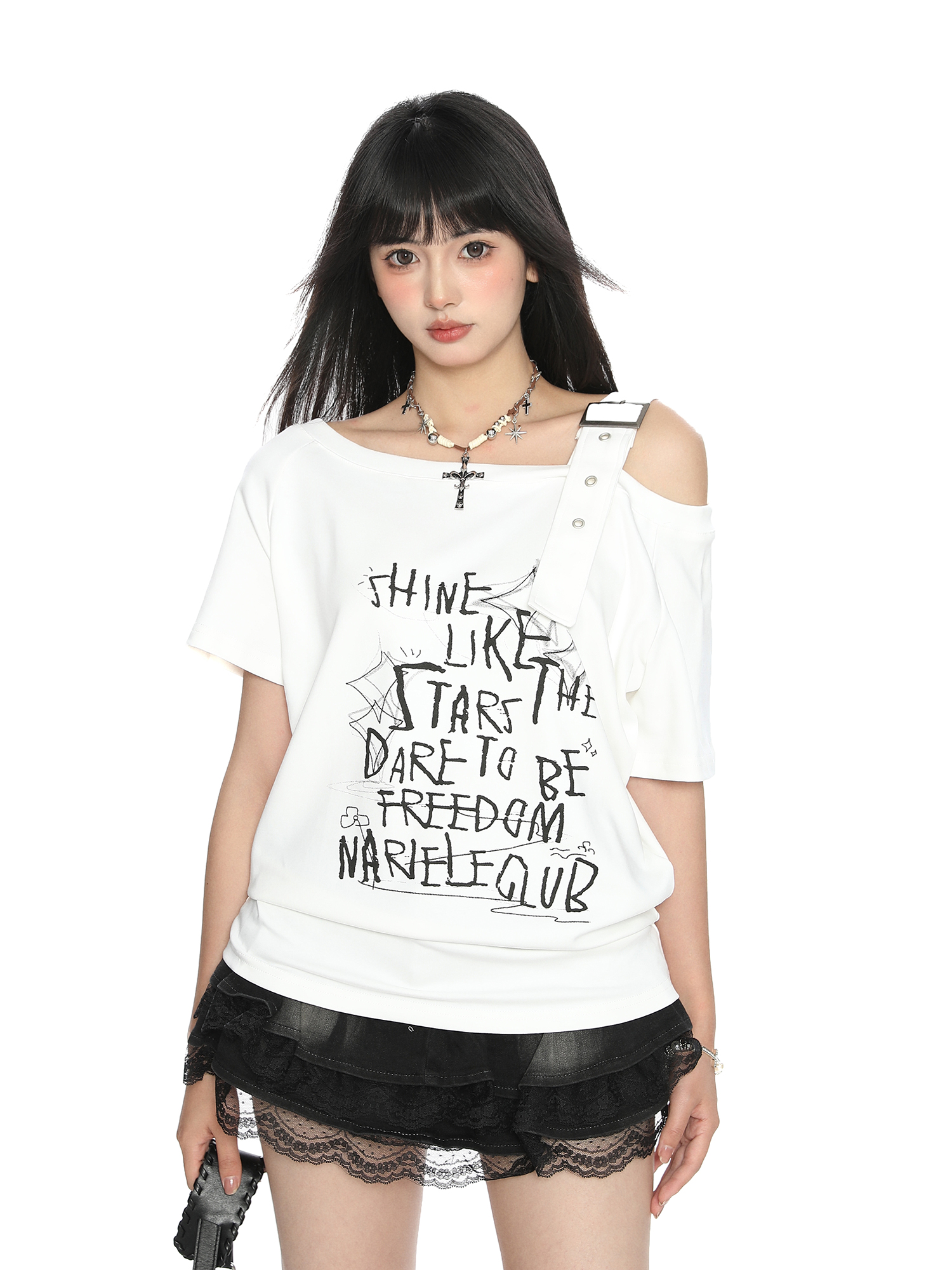 Asymmetrical Shoulder Strap Short Sleeve T-Shirt for Women - American Letter Graffiti Summer Slimming Top - Trendy Irregular Style