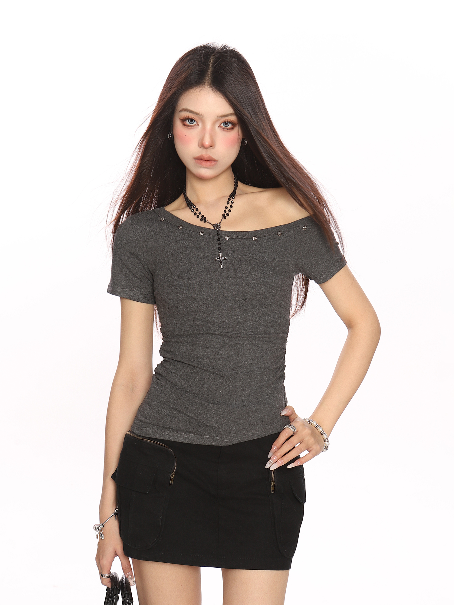 Asymmetrical Shoulder Studded Short Sleeve T-Shirt for Women - Slim Fit Irregular Off-Shoulder Top - Trendy Summer Style