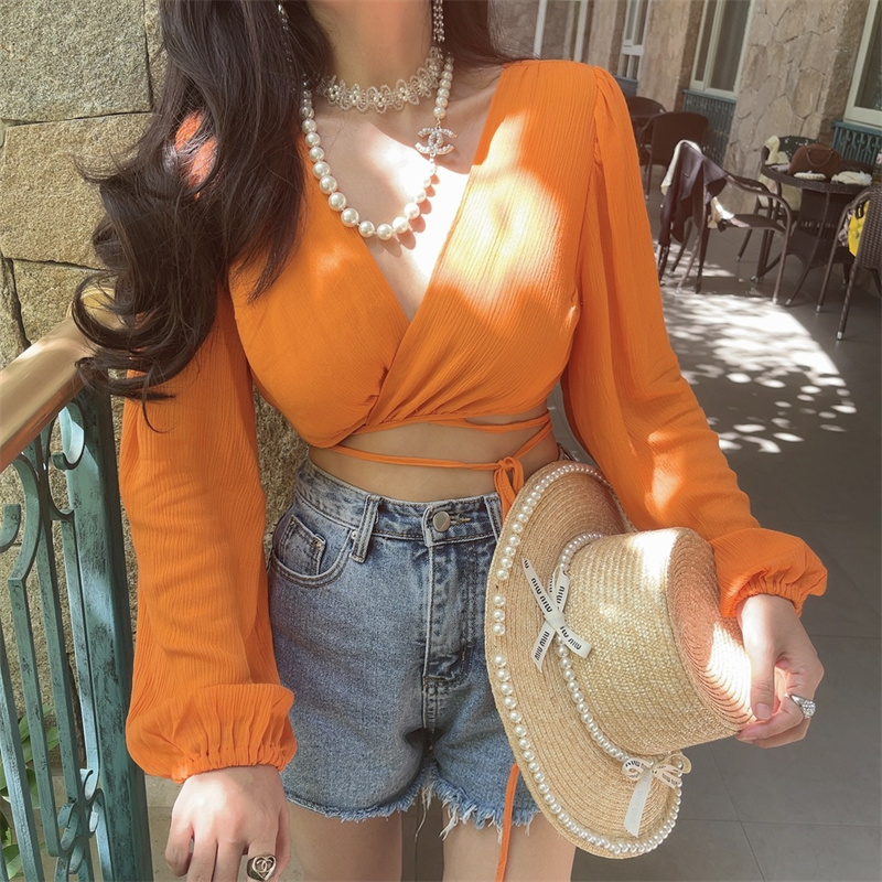 Autumn Ultra-Slim Sexy V-Neck Tied Lantern Sleeve Vacation Shirt for Women - Trendy 2024 DIY Style