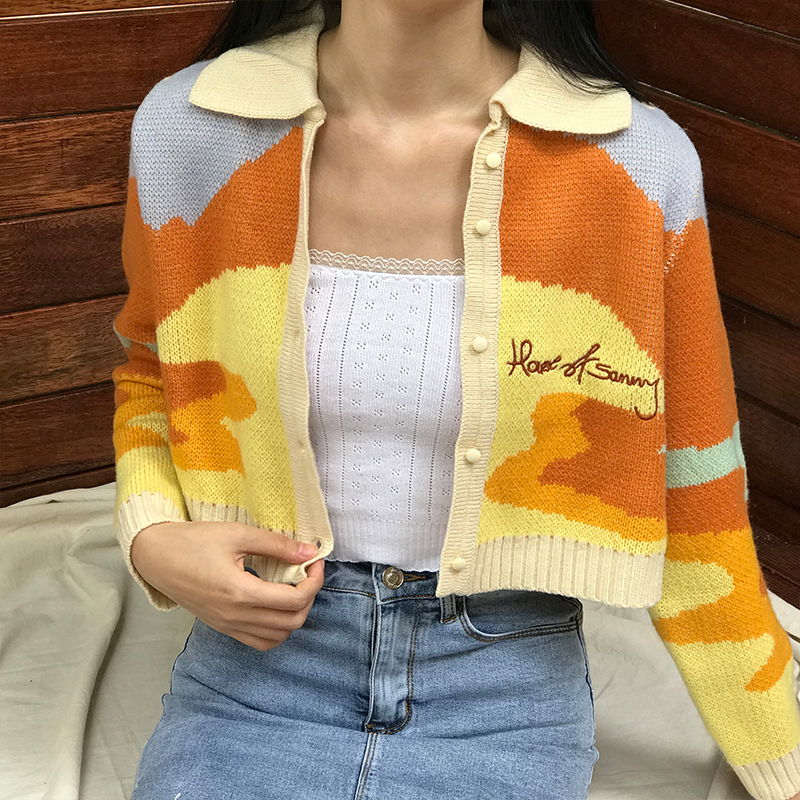 Autumn Vintage Cute Girl Oil Sunset Color Block Lapel Long Sleeve Knitted Cardigan Short Jacket for Y2K and 90s Style