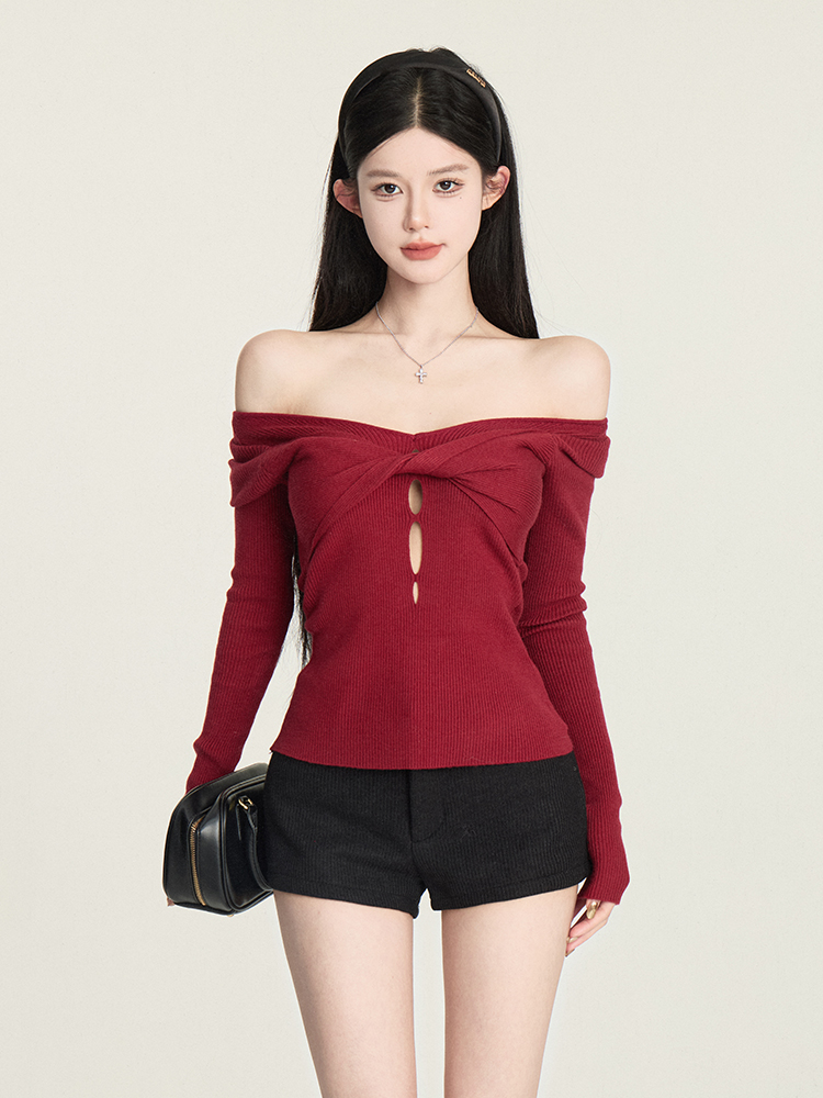 Autumn Winter Red Slim Fit Sexy Twist Top for Women - Trendy Y2K Style for New Year Celebrations