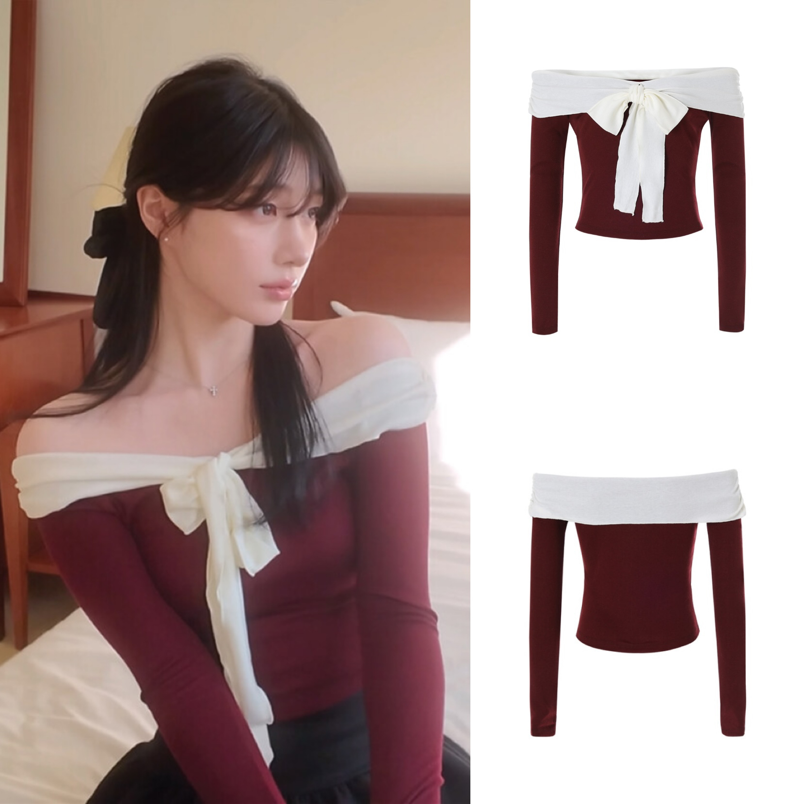 Ballet-Style Off-Shoulder Tie Top with Layered Skirt Set - South Korean Fashion, Cute and Trendy Look
