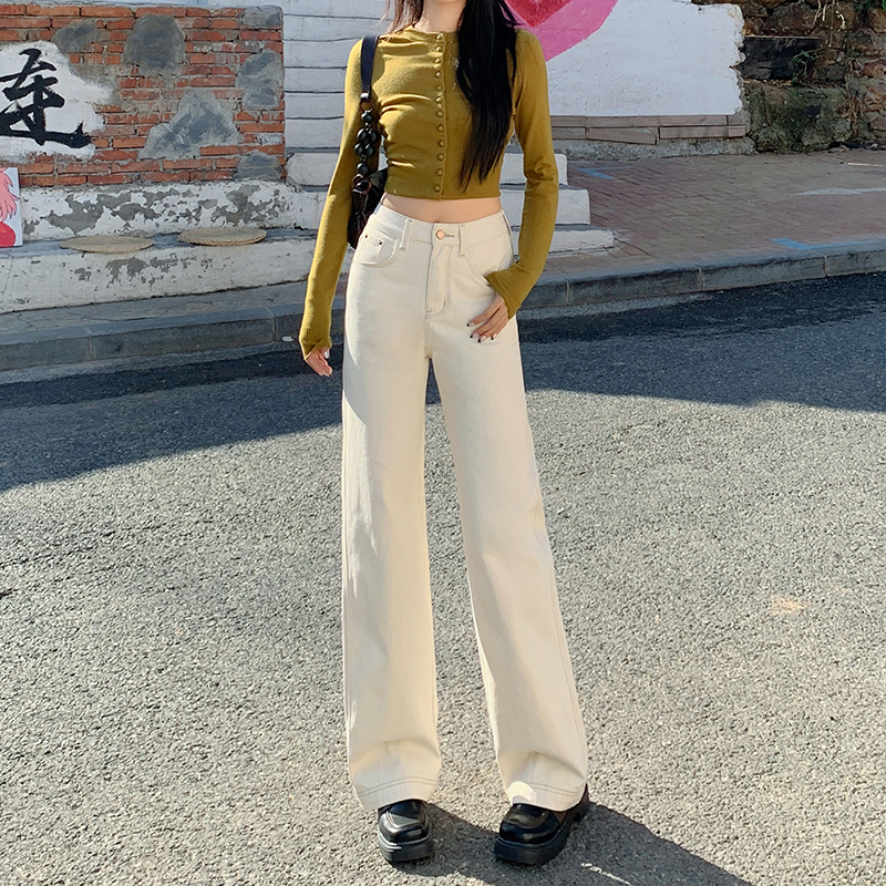 Beige High Street Straight-Leg Jeans for Women - 2024 Autumn/Winter Plush Loose Fit Wide-Leg Floor-Length Pants