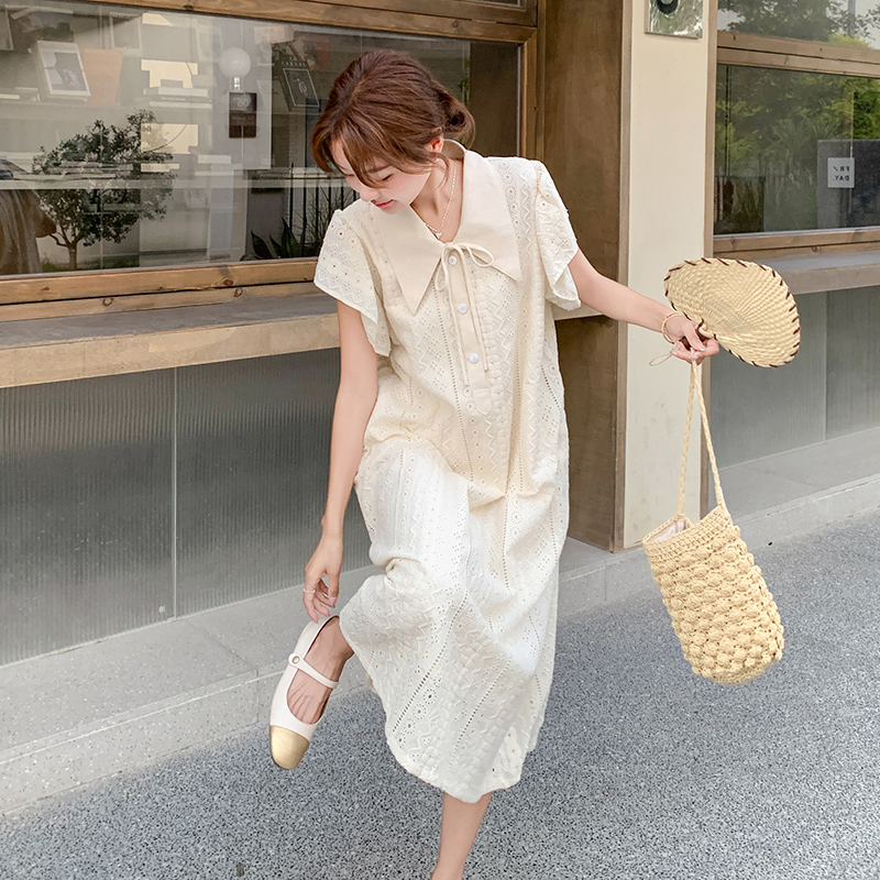 Beige Hollow Lace Crochet Dress for Women - Elegant Summer 2025 Style, Youthful Long Design, French Chic Fashion