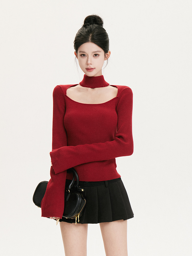 Bell Sleeve Square Neck Black Knit Top - Slimming Fitted Half-High Neck Shirt for Chic 90s Y2K Style