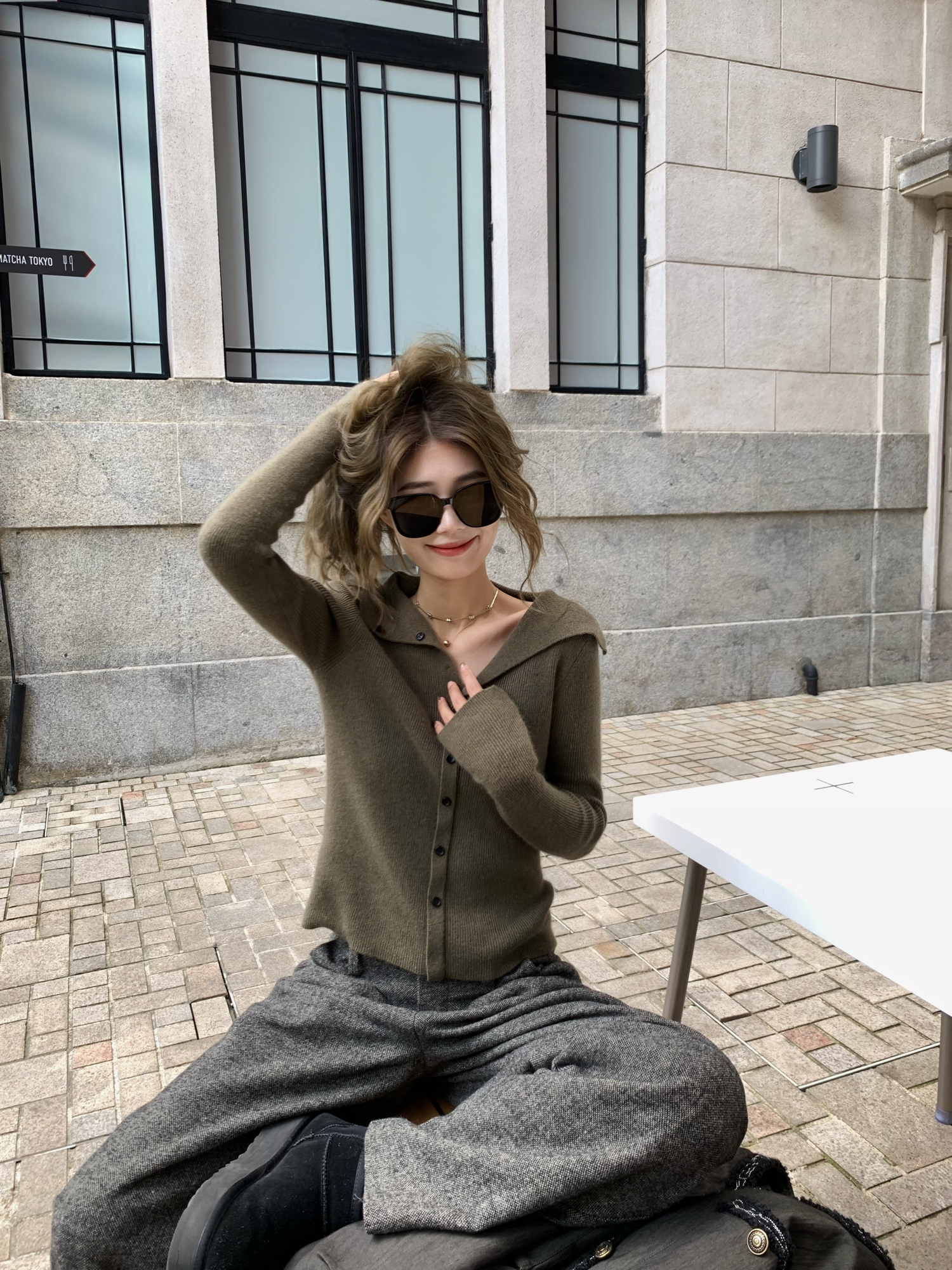 Big Lapel Stretch Slim Knit Base Shirt with Raccoon Plush Design - Love Letter & Angry Push Style