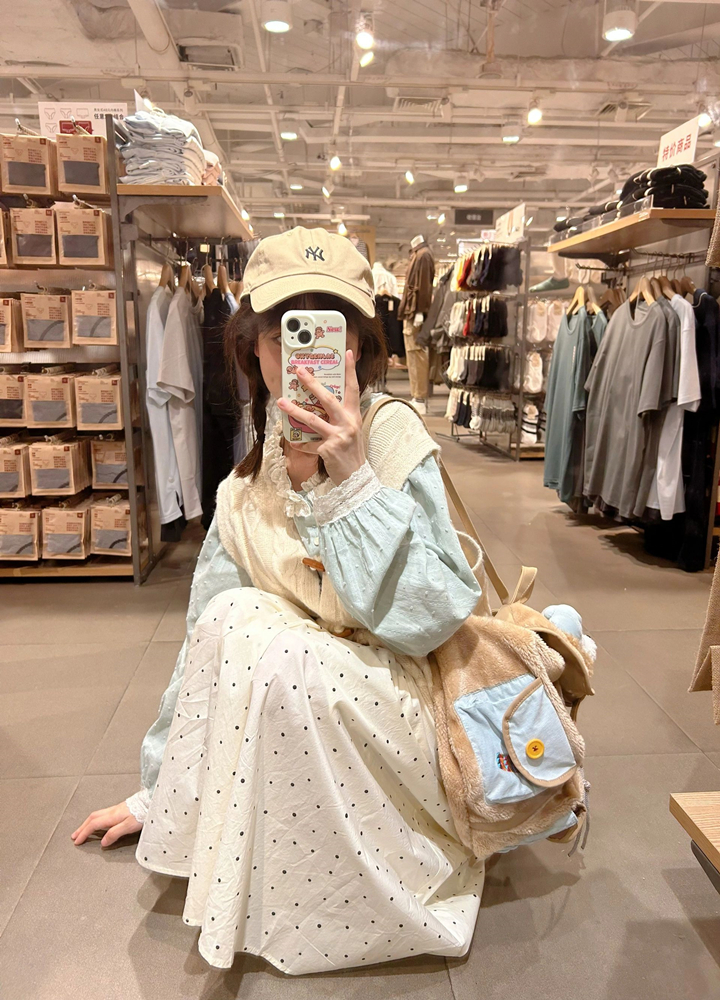 Big White Rabbit Milk Candy Sweet Vest Three-Piece Set for Women, Autumn Layered Lace Shirt, Polka Dot Cotton Skirt Y2K Outfit
