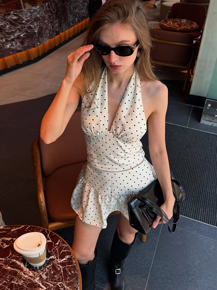 Bizarre Girl French Style Polka Dot V-Neck Halter Top & Low Waist A-Line Skirt Two-Piece Set for Women - Y2K Fashion