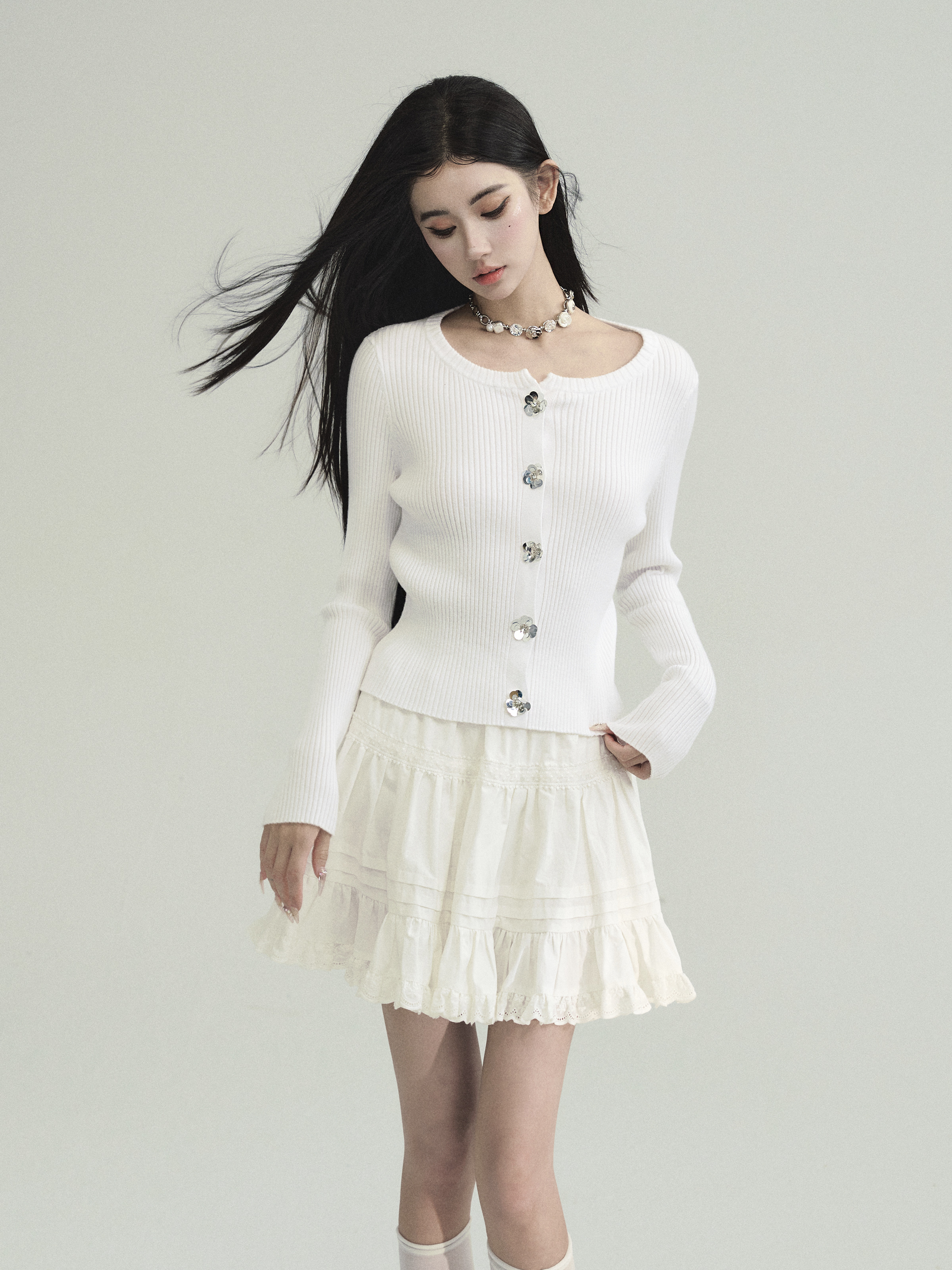 Black and White Whisper Design Cardigan with Small Silver Flowers - Versatile Summer Knitwear for Effortless Style