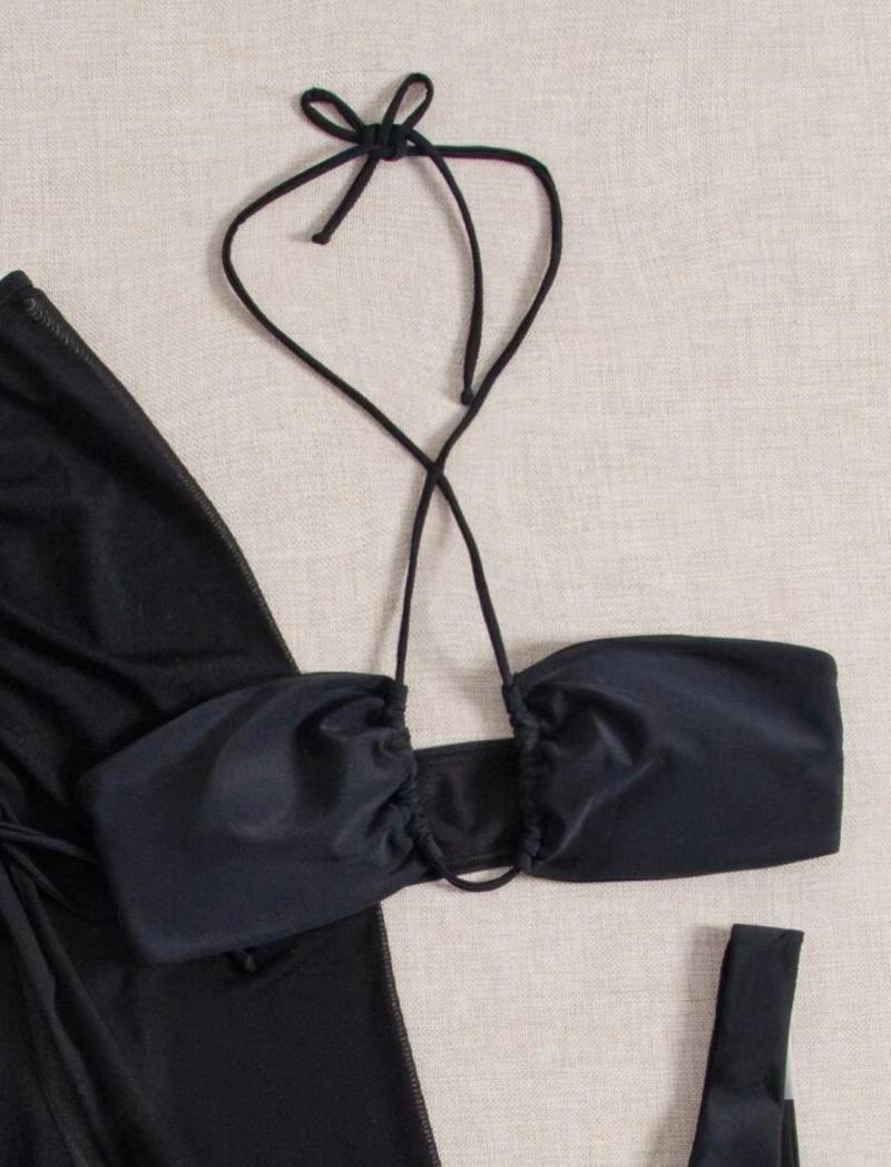 Black Body-Shaping Split Long Skirt Bikini Three-Piece Set for Women - Sexy Small Bust Gathering Swimwear for Hot Spring 90s Style