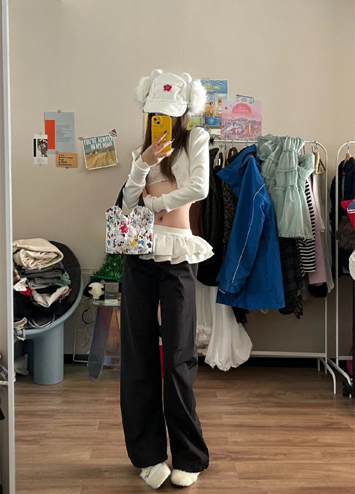 Black Drawstring Straight-Leg Pants for Women, 2023 Autumn Winter Puffy Skirt Splicing, Loose Airy Windproof Sweatpants