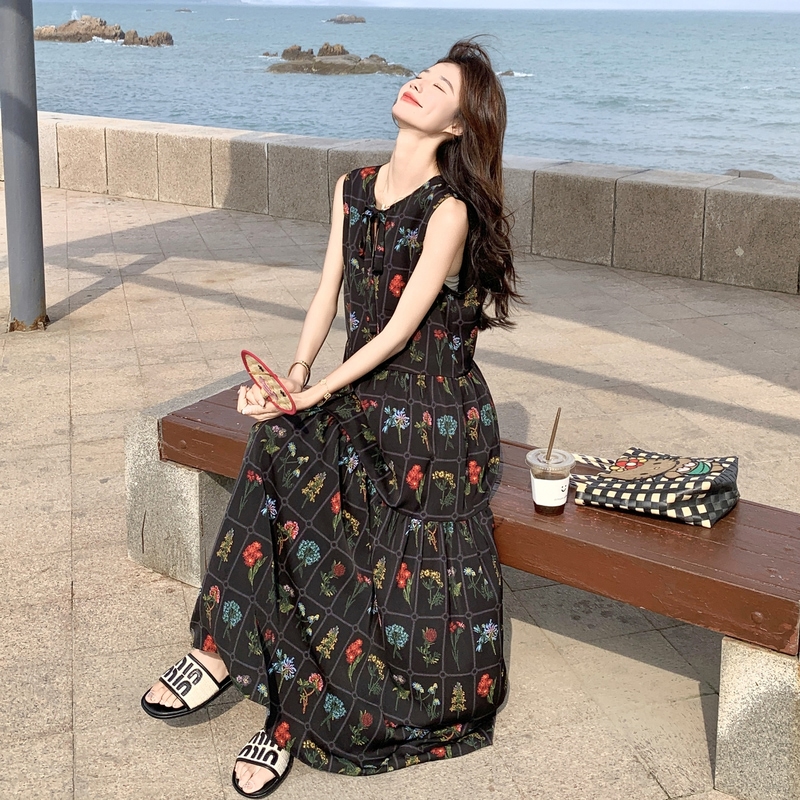 Black Embroidered French Lazy Style Dress for Women - Casual Round Neck Tie Loose Fit Tank Dress for Summer 2025