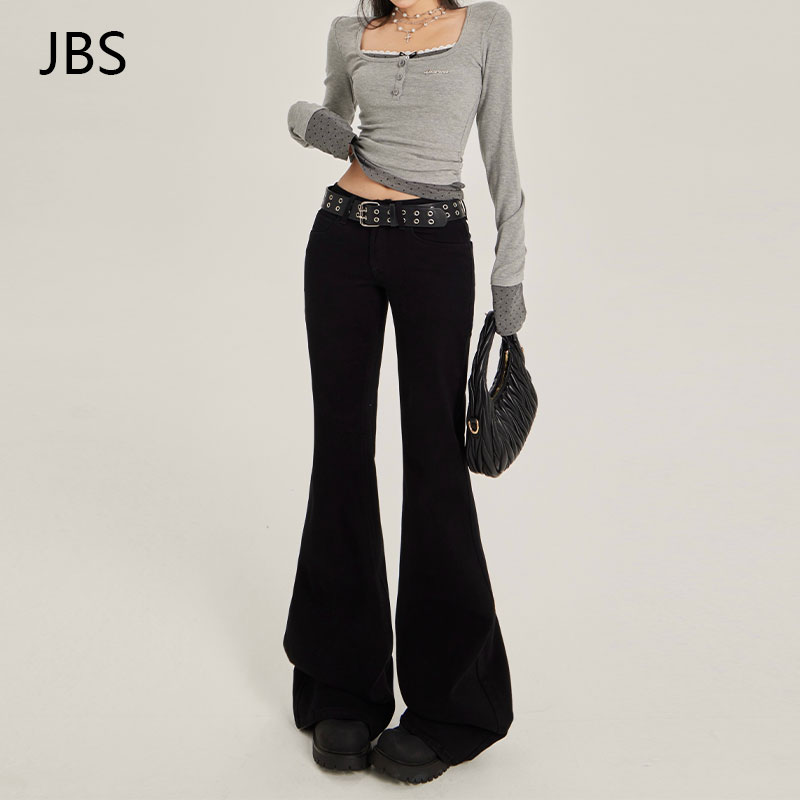 Black Flared Jeans for Women, Low-Waisted Fleece-Lined, Stretchy Loose Fit, Slimming Floor-Length Pants - 2024 Autumn Winter Style