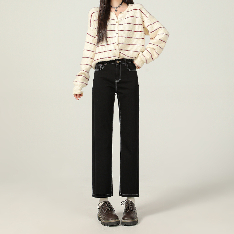Black Fleece-Lined Straight Tube Cigarette Pants for Women - 2024 Autumn Winter, Four-Way Stretch, Nine-Point Length, Petite Fit