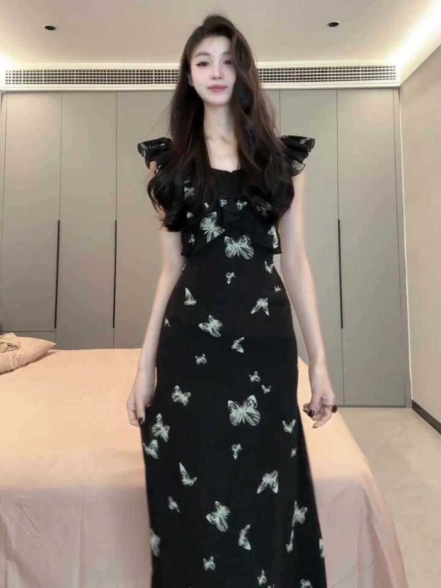 Black Flutter Sleeve Butterfly Print Dress for Women - Summer Petite Fit, Waist-Cinching, Slimming Mid-Length Mermaid Style