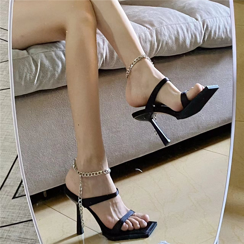 Black High-Heeled Sandals for Women - Square-Toe Open-Toe Chain Strap Design for Spring/Summer 2024, Stylish Thin Heel Slippers