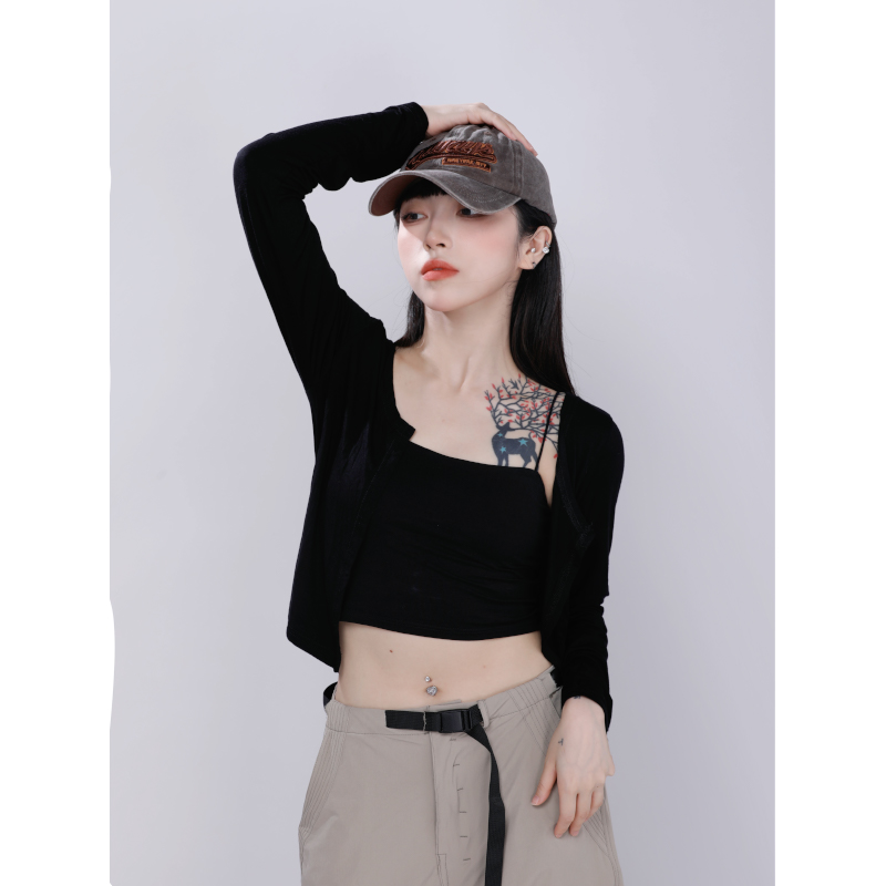 Black Modal Short Cardigan for Women - Jazz Dance Cover-Up with Waist Tie, Stylish Layering Piece for Dance and Casual Wear
