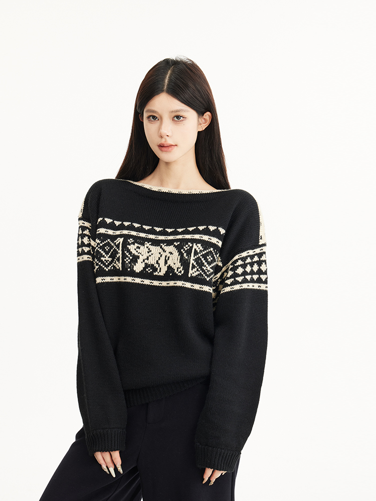 Black Off-Shoulder Loose Slimming Vintage Fair Isle Snowflake Sweater for Autumn/Winter Fashion, Y2K Style