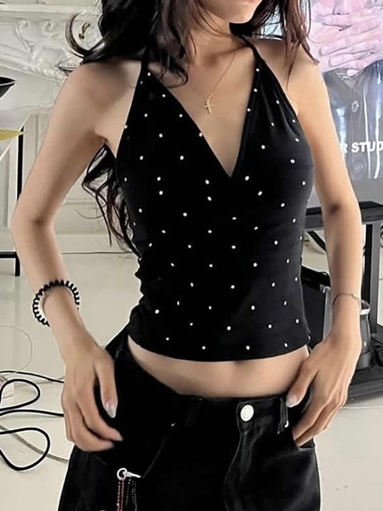 Black Polka Dot Sexy V-Neck Halter Top for Women, Backless Slim Fit Vacation Top, Y2K Style, Perfect for Summer Outings