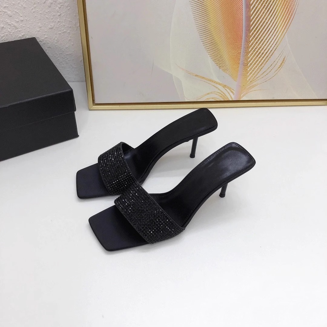 Black Rhinestone Open-Toe High-Heeled Sandals for Women, Square Toe, Thin Heel, Sexy One-Strap Design, Summer 2023 Fashion