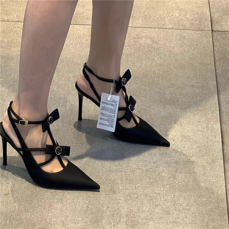 Black Satin High-Heeled Sandals for Women, Pointed Toe, Thin Heel, One-Strap Buckle, Sexy Spring Summer 2024 Style