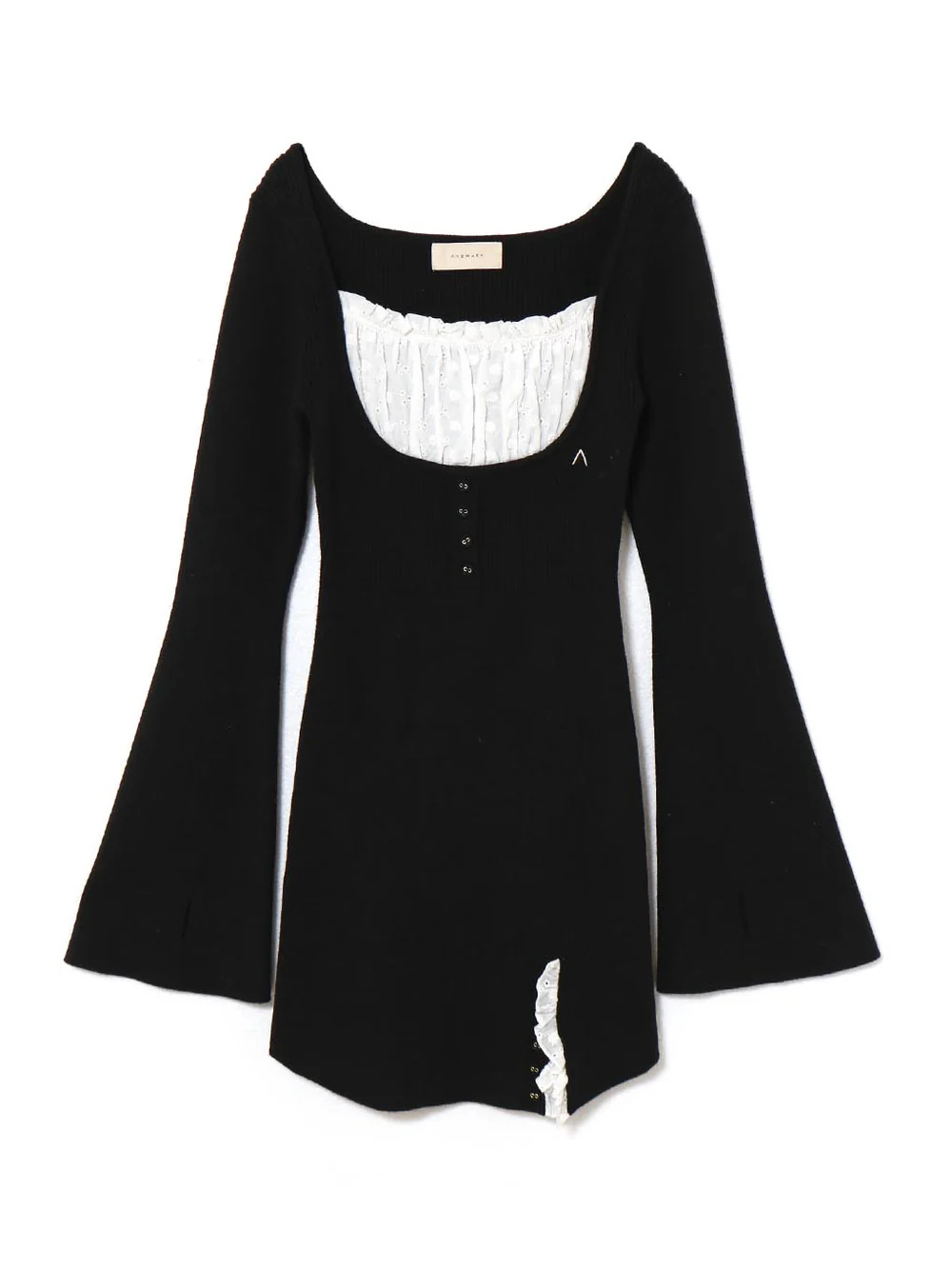 Black Spliced Low Round Neck Long Sleeve Dress with Slit - Slim Fit Short Skirt, Perfect for Early Spring, Y2K Style