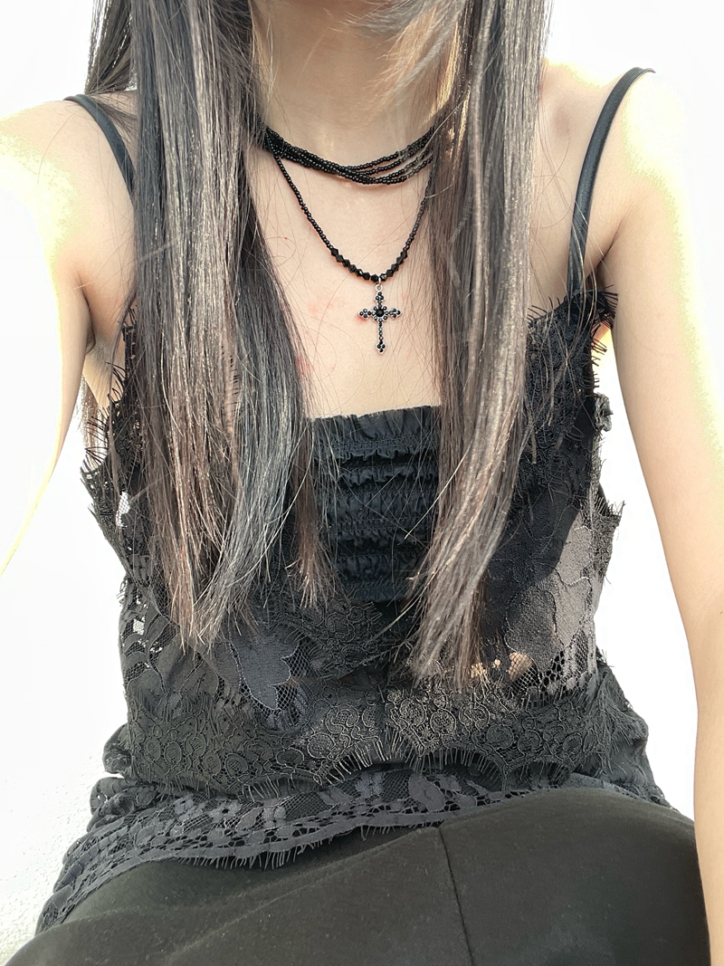 Black Vintage Spicy Girl Cross Pendant Necklace - Double Layer Crystal Punk Women's Clavicle Chain, High-End Ins Style