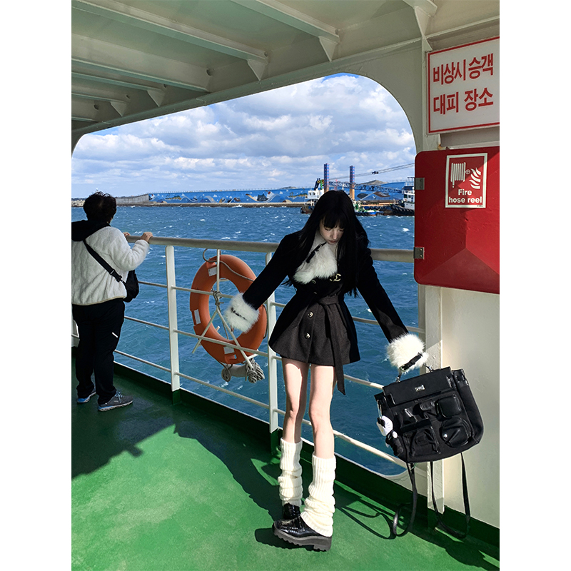 Black Waist-Defined Woolen Coat and High-Waisted Straight Shorts Two-Piece Set for Women - Hepburn Style Fashion