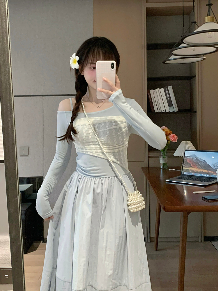 Blue Color-Blocked Asymmetrical Shoulder Dress, Waist-Cinched Slim Fit for Spring/Summer Commuting, Trendy and Stylish Fashion