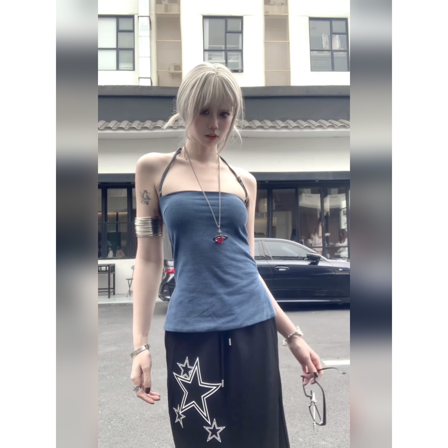 Blue Denim Halter Top for Women - Spicy American-Style Backless Design, Slim Fit Summer Essential