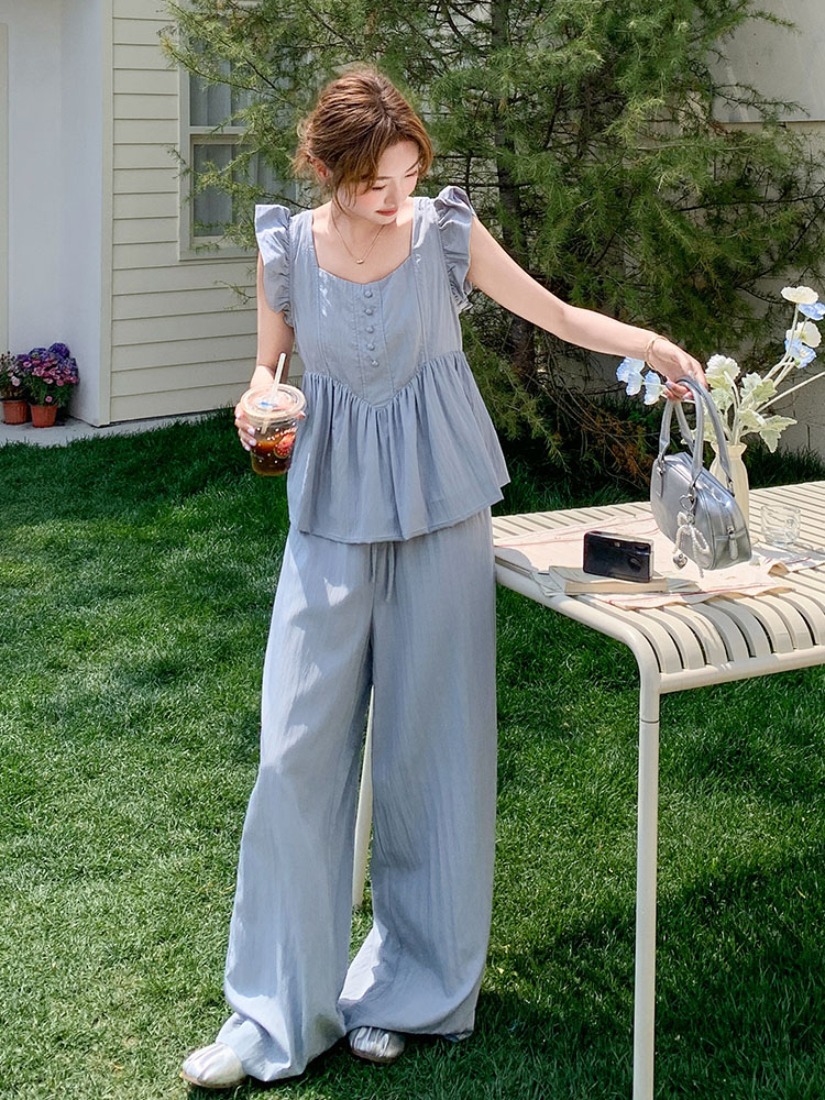 Blue Doll Shirt with Flying Sleeves and Wide-Leg Pants Set for Women - 2025 Summer Korean Style, Age-Reducing, Petite Fit Two-Piece Outfit
