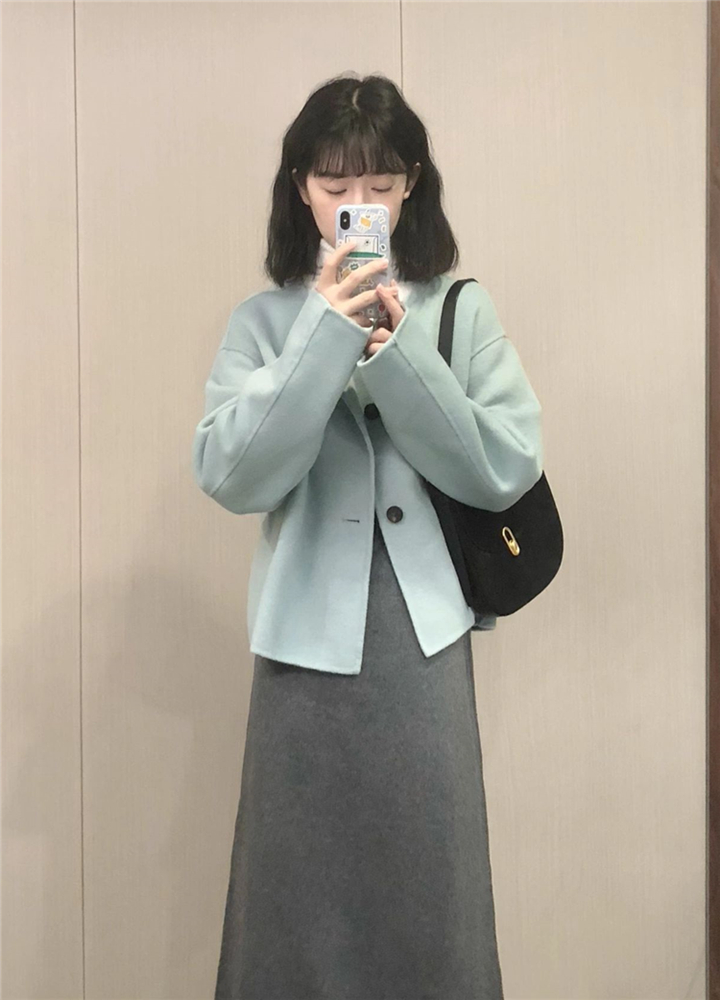 Blue Double-Sided Wool Coat Set for Women - Black Button, Minimalist Korean Style, Versatile Autumn Winter 2023 Two-Piece Outfit