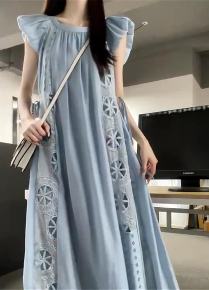 Blue Embroidered Silk Dress for Women with Small Flying Sleeves, Waist-Cinching Design, Summer French Style, Long Skirt