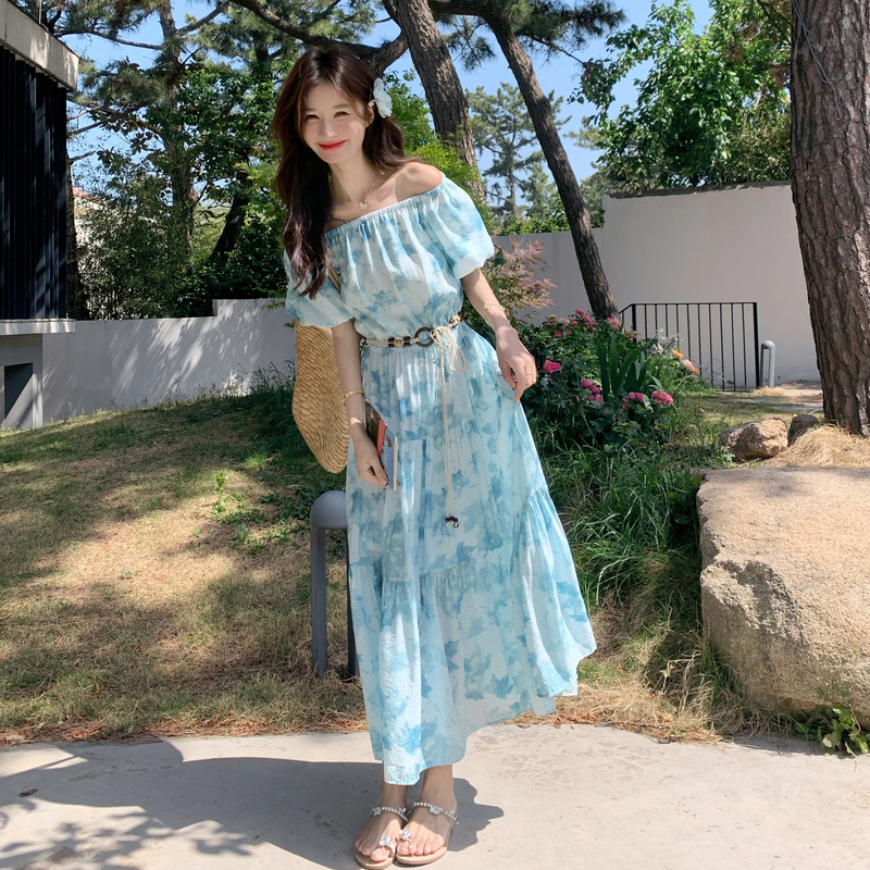 Blue Floral Off-Shoulder Vacation Dress for Women - 2025 Summer A-Line, Waist-Cinching Style, Trendy and Slimming