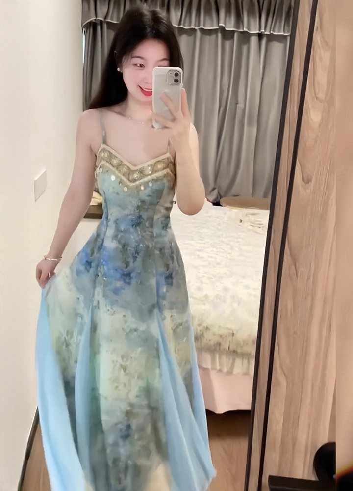 Blue Gradient Spaghetti Strap Dress for Women, Elegant Waist-Cinching Design, Spliced Lace Ribbon, 2024 Summer Fashion Trend