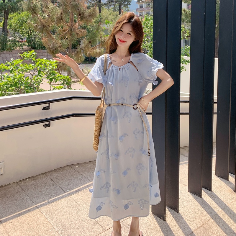 Blue Loose Round Neck Vacation Dress for Women - Flattering Long Summer Dress with Beautiful Drape, 2025 Style