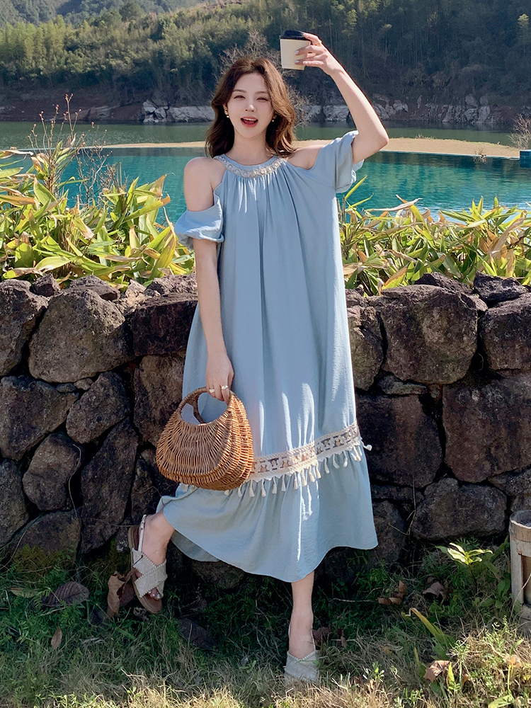 Blue Off-Shoulder Halter Dress for Women - 2025 Summer Loose Fit Vacation Style with Flattering Long Skirt