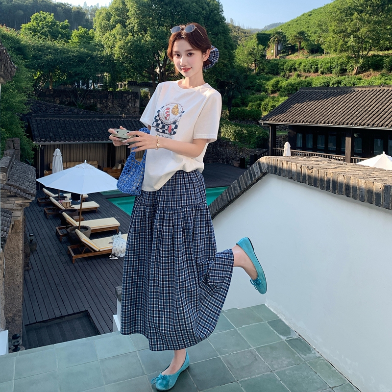 Blue Plaid Skirt and T-Shirt Set for Women – Trendy 2025 Summer Korean Style Two-Piece Outfit, Effortless Age-Reducing Fashion