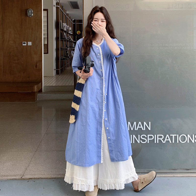Blue Shirt Dress and Wide-Leg Pants Set for Women - 2025 Summer Korean Style Artistic Relaxed Two-Piece Outfit
