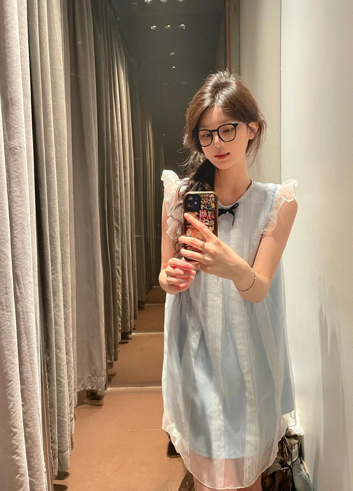 Blue Small Flying Sleeve A-Line Dress for Women, Summer Mesh Vest Design, Princess Style, Trendy Niche Fashion