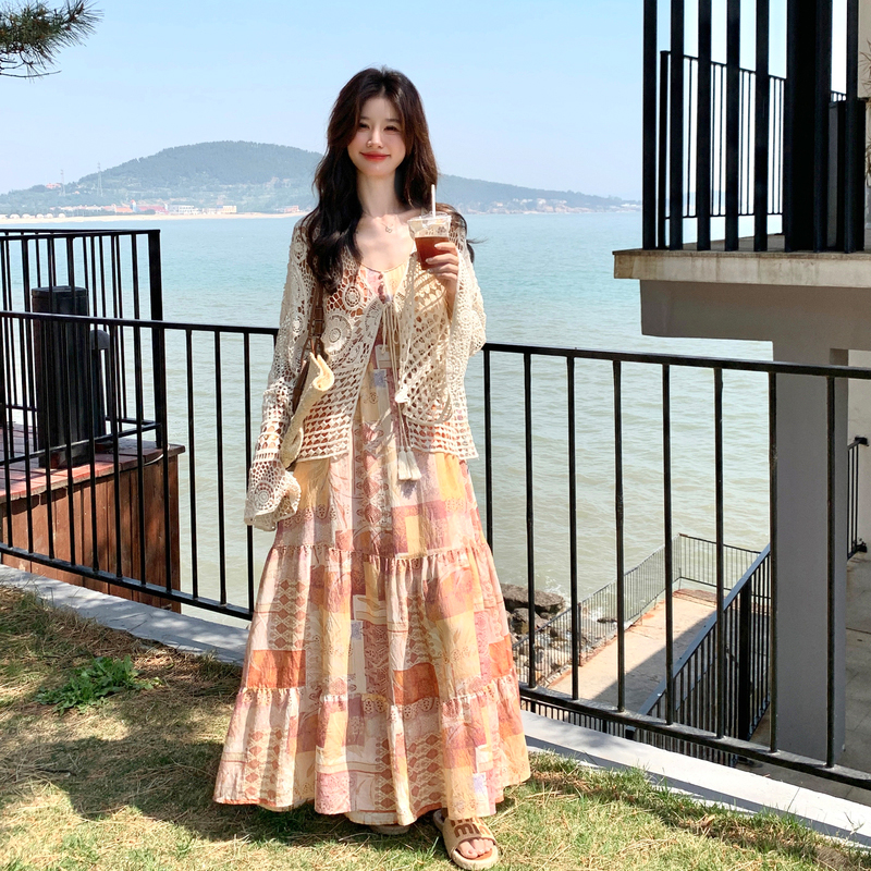 Bohemian Vacation Style Camisole Dress Set for Women - 2025 Summer French Hollow-Out Cardigan & Long Skirt Two-Piece Ensemble