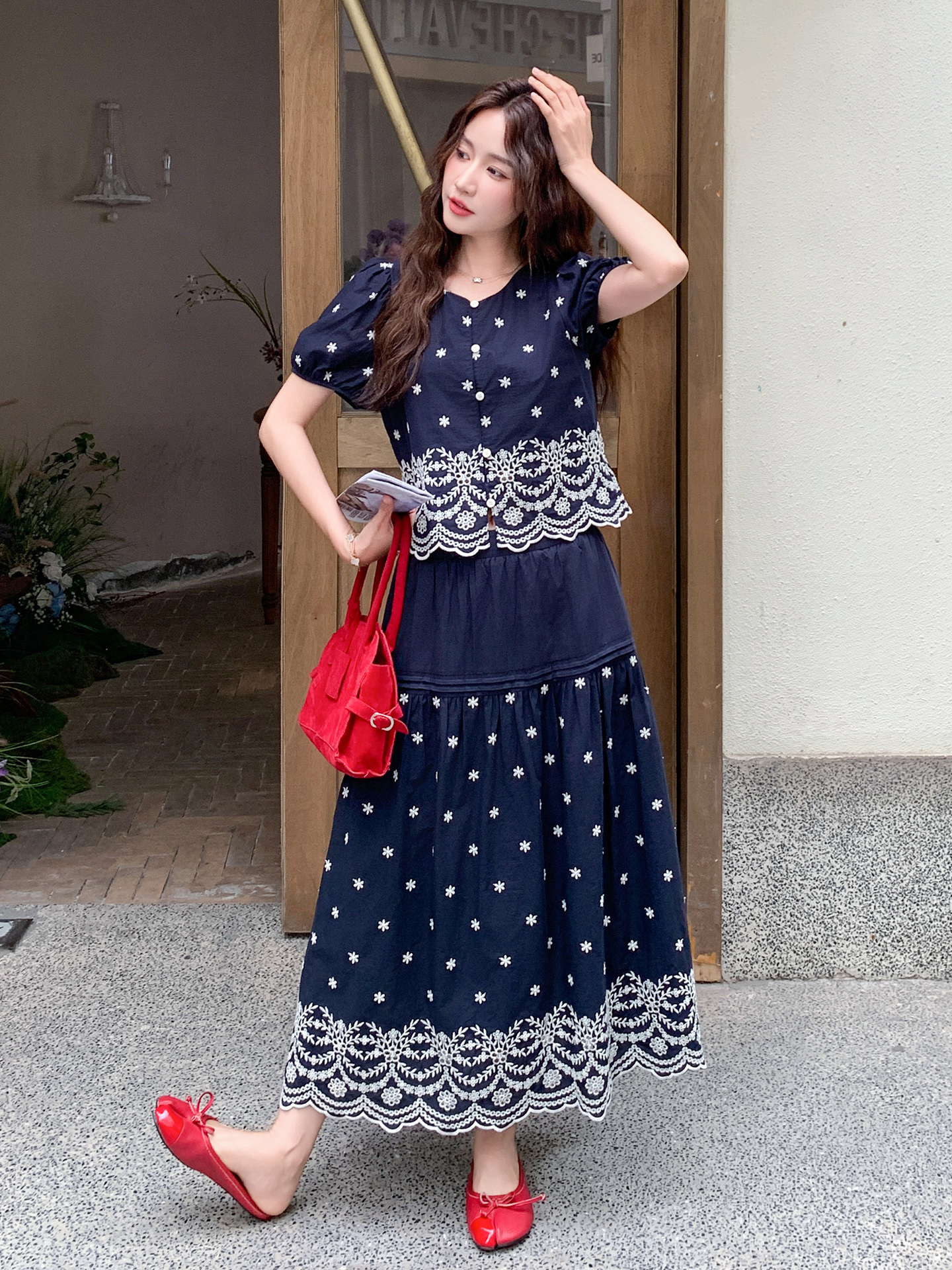 Bohemian Vintage Embroidered Two-Piece Set for Women - Summer 2025 Puff Sleeve Top and Skirt Vacation Style