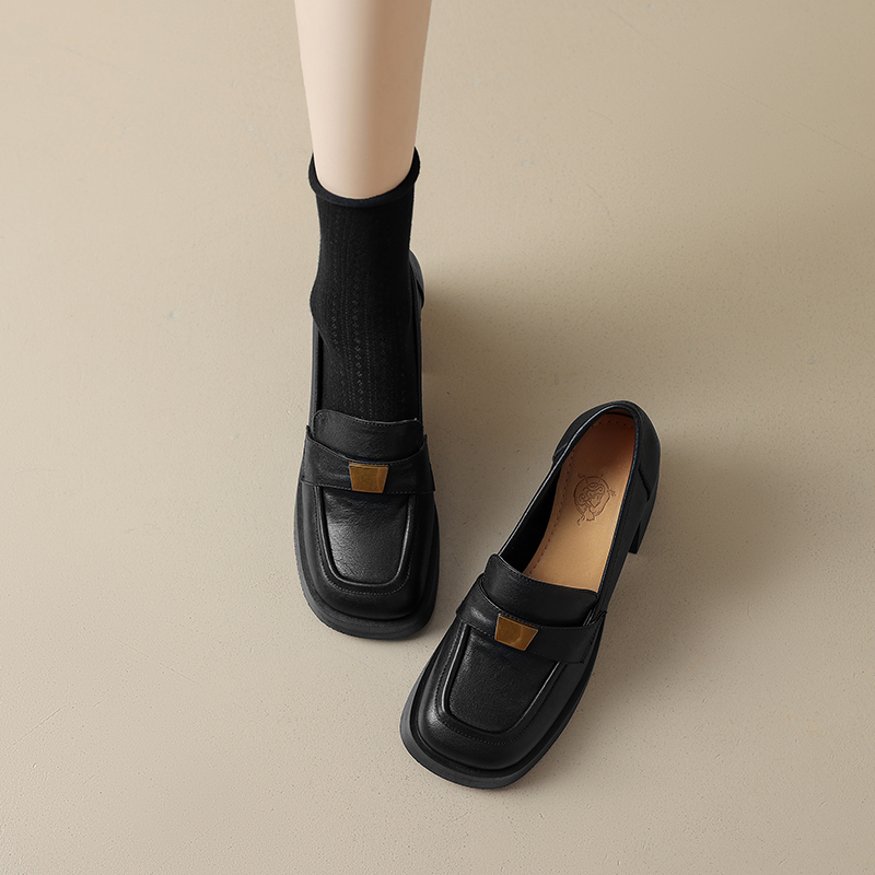 British Style Chunky High Heel Loafers for Women - Thick-Soled Square Toe Leather Shoes with Metal Buckle and Deep Mouth Design