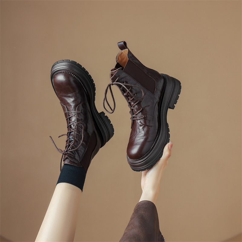 British Style Lace-Up Brown Martin Boots for Women - Mid-Heel Genuine Leather Motorcycle Short Boots