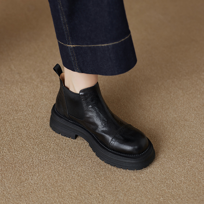 British Style Round Toe Thick-Soled Genuine Leather Elastic Ankle Chelsea Boots for Women - Versatile Comfort Footwear