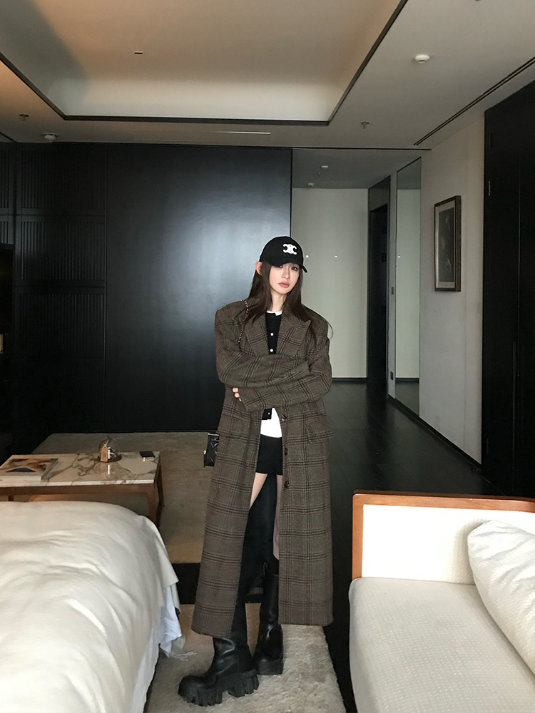 Brown Check Wool Coat for Women - Long Woolen Overcoat, Perfect for Spring & Winter, Classic Style, Timeless Fashion