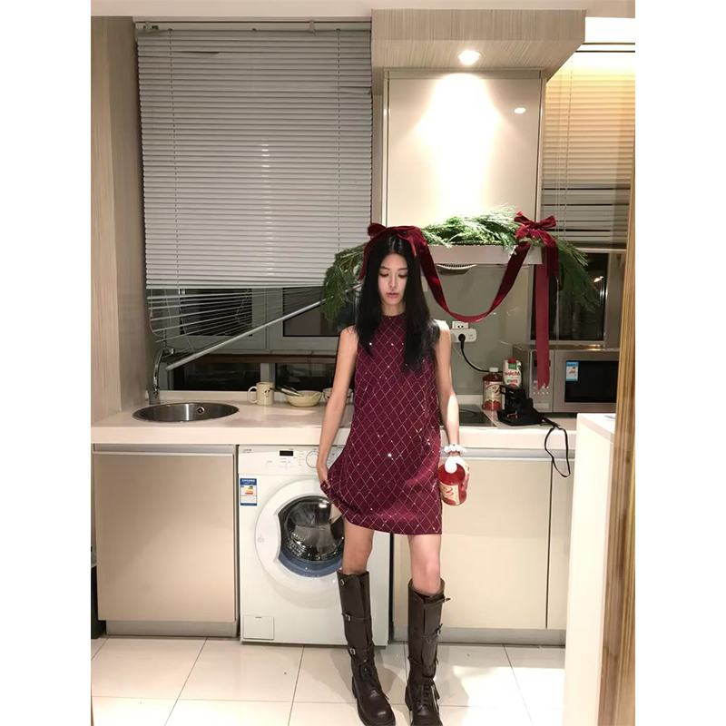 Burgundy Sleeveless Dress with French Diamond Pattern - Women's Spring Short Skirt, Y2K Chic, Perfect for Casual Outings